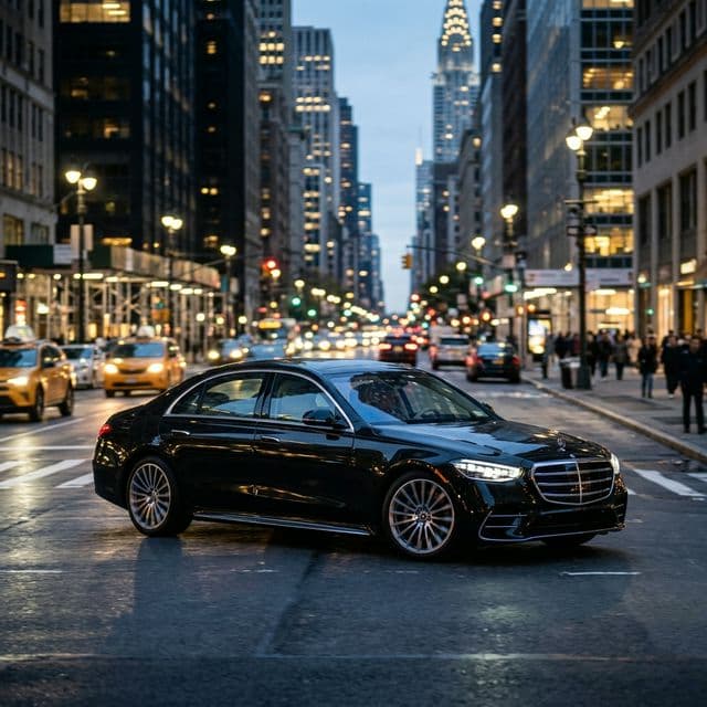 Black luxury Mercedes S-class gliding smoothly through Manhattan at night