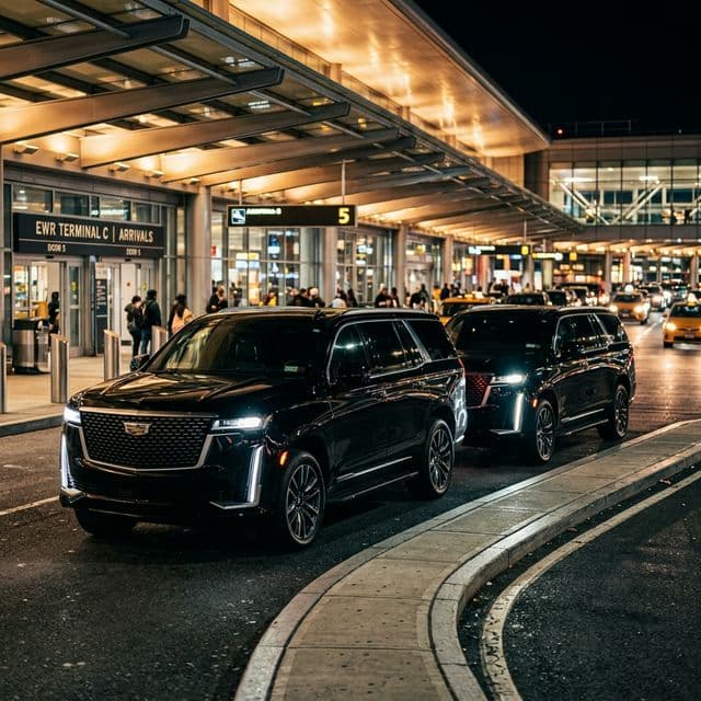 Two black Cadillac Escalades parked at Newark Terminal C